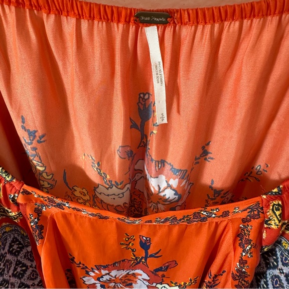 70s Free People Bright Orange Red Tapestry Bohemian Floral Peasant Blouse Small - Picture 2 of 11